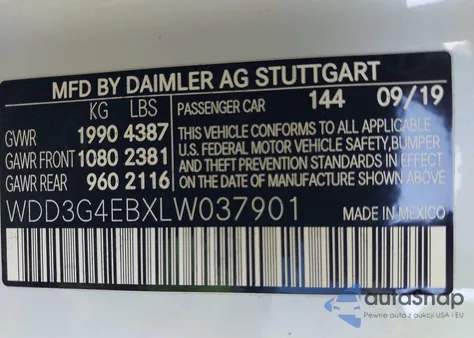 2020 Mercedes-Benz A 220 z USA, uszkodzony, nr VIN WDD3G4EBXLW037901